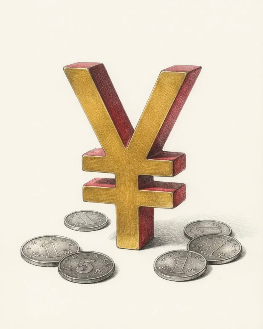 A pencil drawing of the sign ¥ as a solid coloured object, standing among coins of the Chinese yuan.