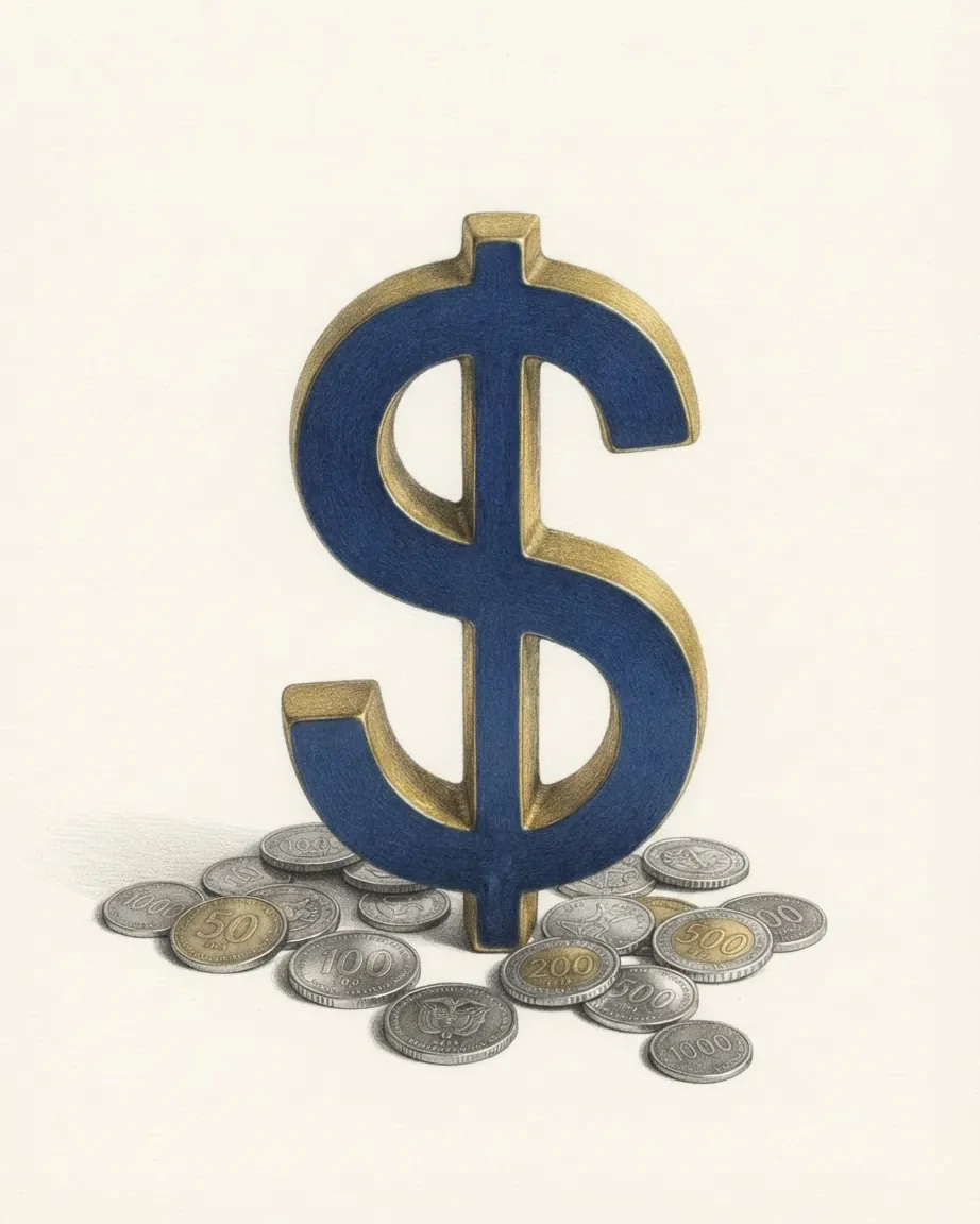 A pencil drawing of the sign $ as a solid coloured object, standing among coins of the Colombian peso.