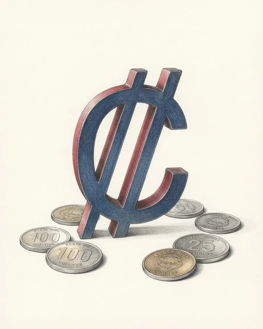 A pencil drawing of the sign ₡ as a solid coloured object, standing among coins of the Costa Rican colón.