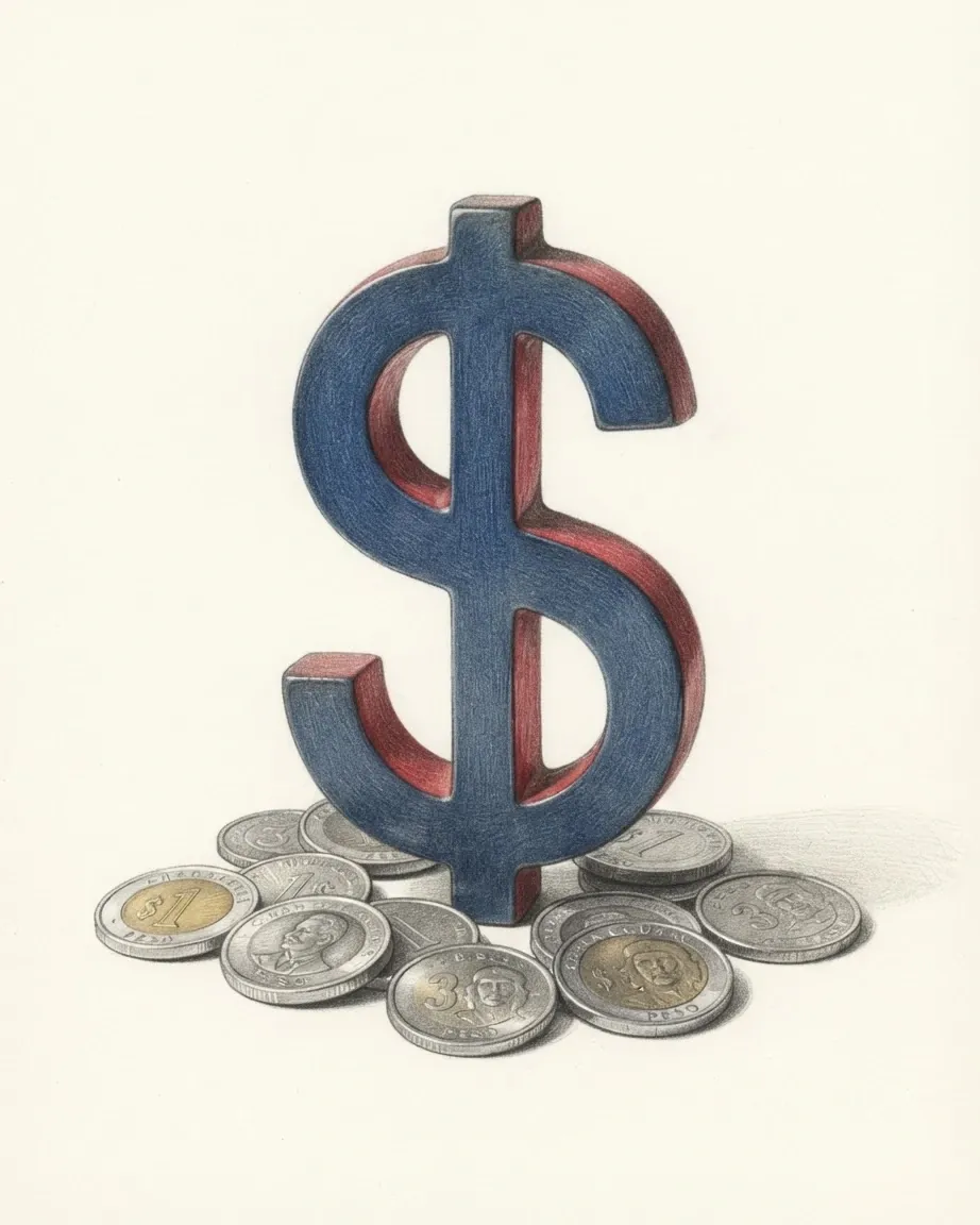A pencil drawing of the sign $ as a solid coloured object, standing among coins of the Cuban peso.