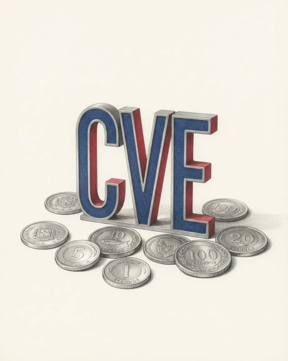 A pencil drawing of the letters CVE as a solid coloured object, standing among coins of the Cape Verdean escudo.
