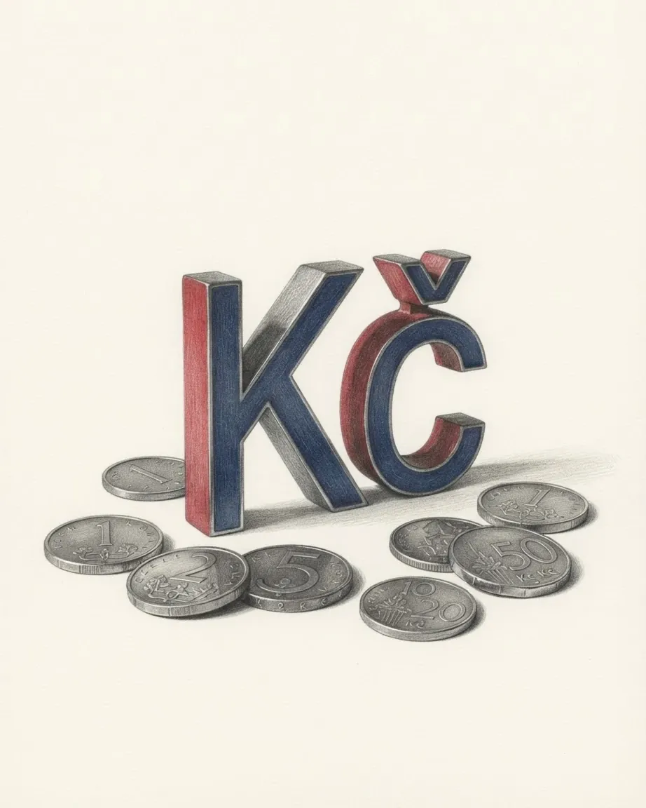 A pencil drawing of the sign Kč as a solid coloured object, standing among coins of the Czech koruna.