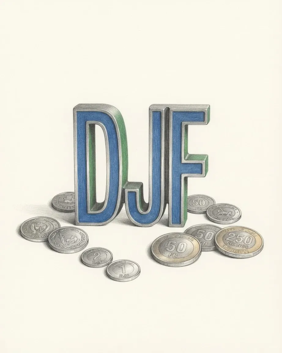 A pencil drawing of the letters DJF as a solid coloured object, standing among coins of the Djiboutian franc.