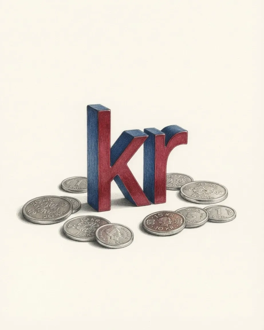 A pencil drawing of the sign kr as a solid coloured object, standing among coins of the Danish krone.