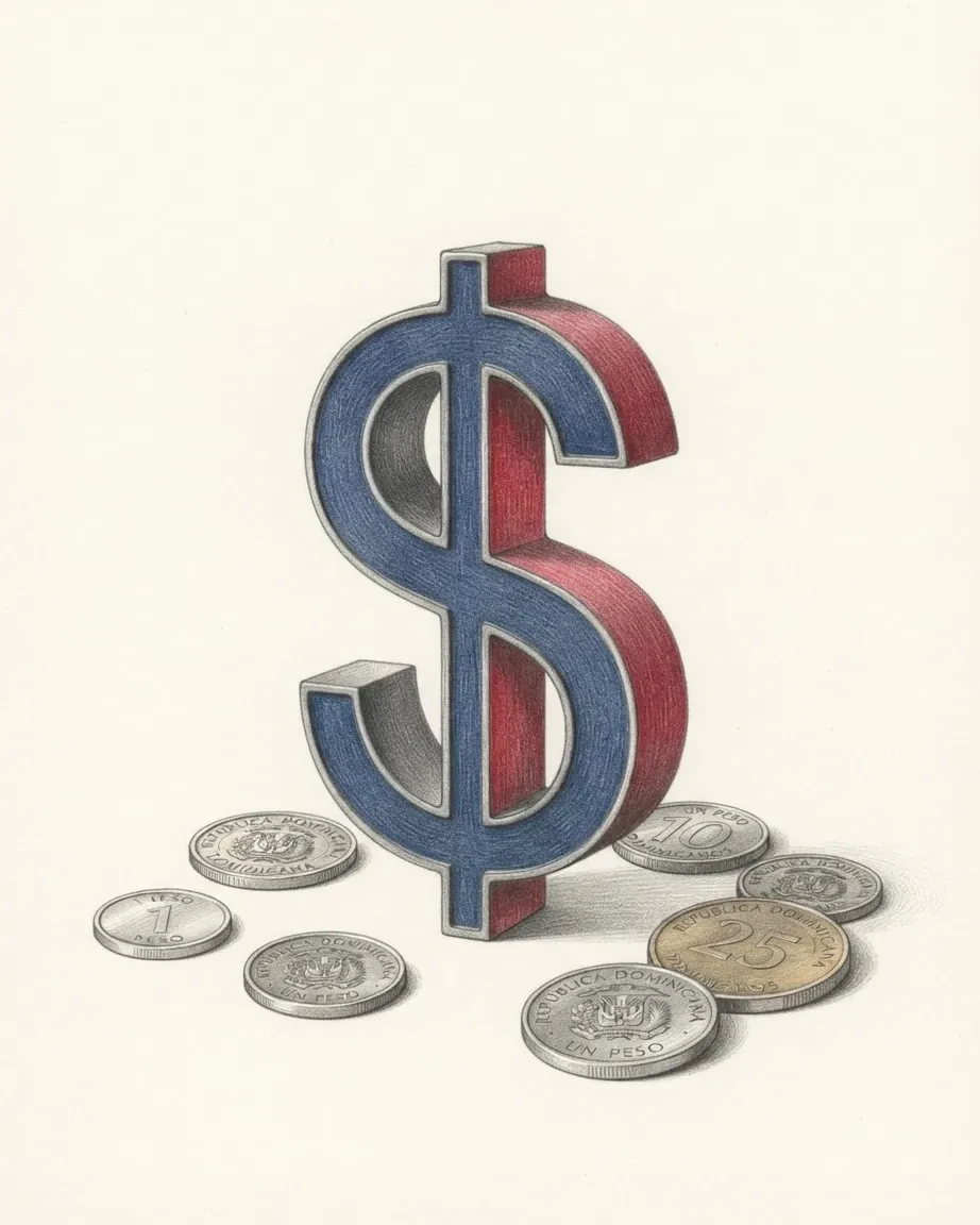 A pencil drawing of the sign $ as a solid coloured object, standing among coins of the Dominican peso.