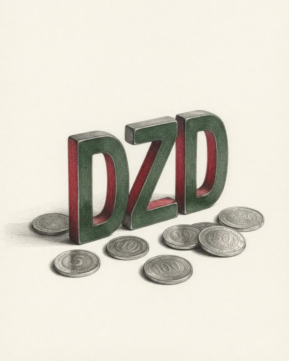 A pencil drawing of the letters DZD as a solid coloured object, standing among coins of the Algerian dinar.