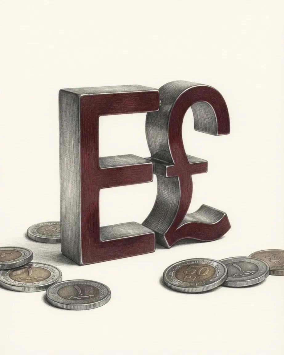 A pencil drawing of the sign E£ as a solid coloured object, standing among coins of the Egyptian pound.