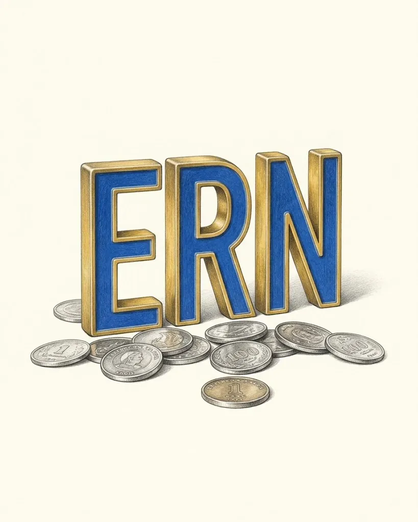 A pencil drawing of the letters ERN as solid blocks, their faces blue and their edges gold, standing behind a spread of Eritrean nakfa coins.