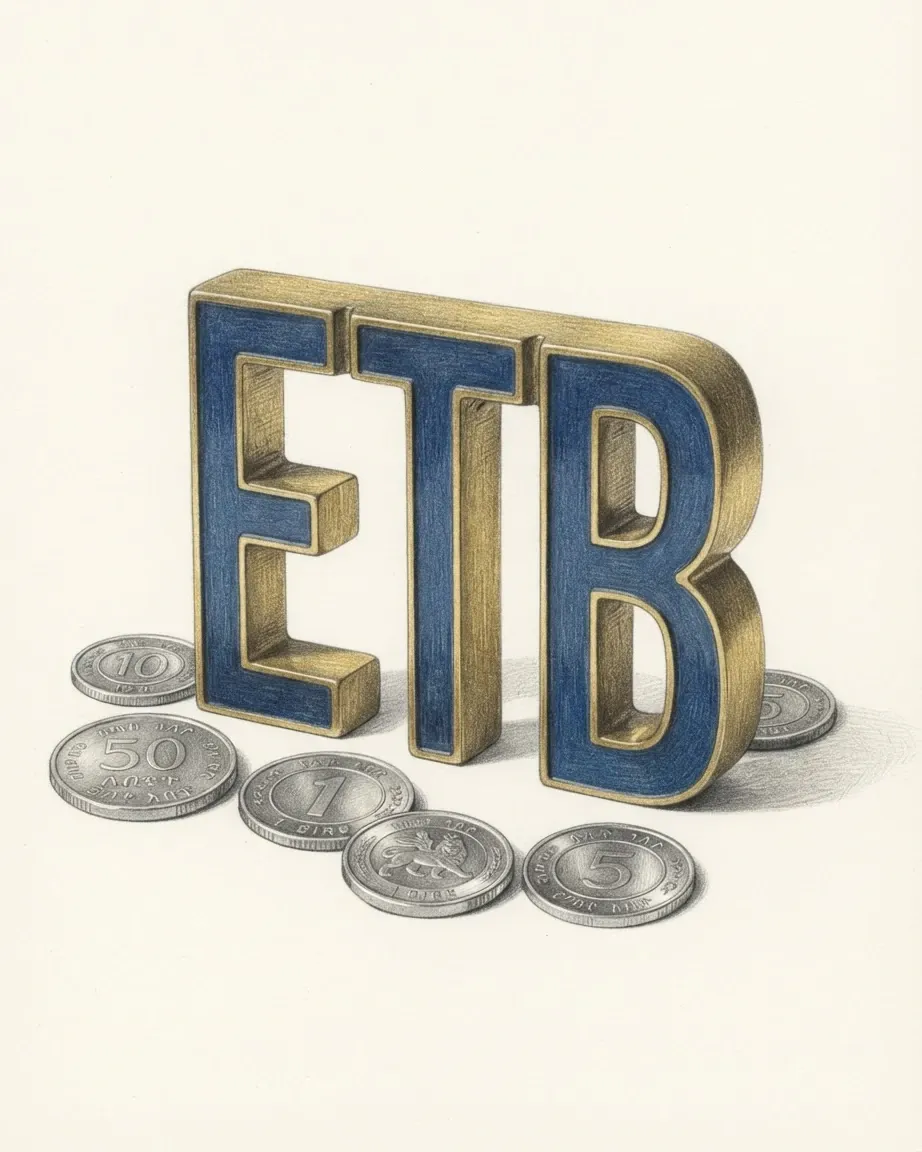 A pencil drawing of the letters ETB as a solid coloured object, standing among coins of the Ethiopian birr.