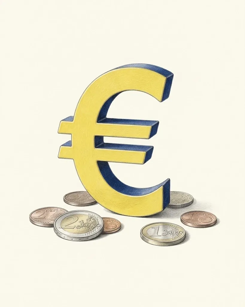 A pencil drawing of the euro sign as a solid object, its face yellow and its sides blue, standing among euro coins: a two-euro coin, a one-euro coin and several one- and two-cent coins.