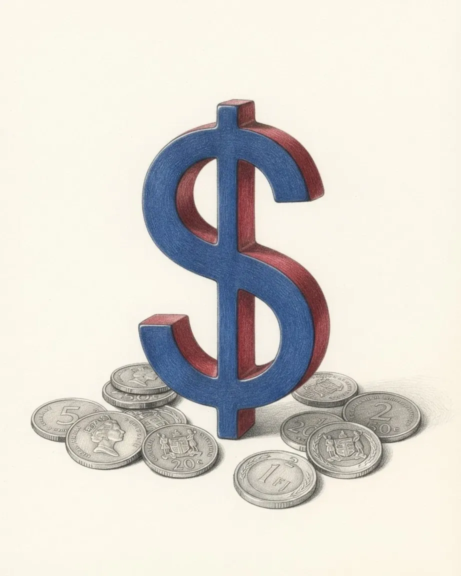 A pencil drawing of the sign $ as a solid coloured object, standing among coins of the Fijian dollar.
