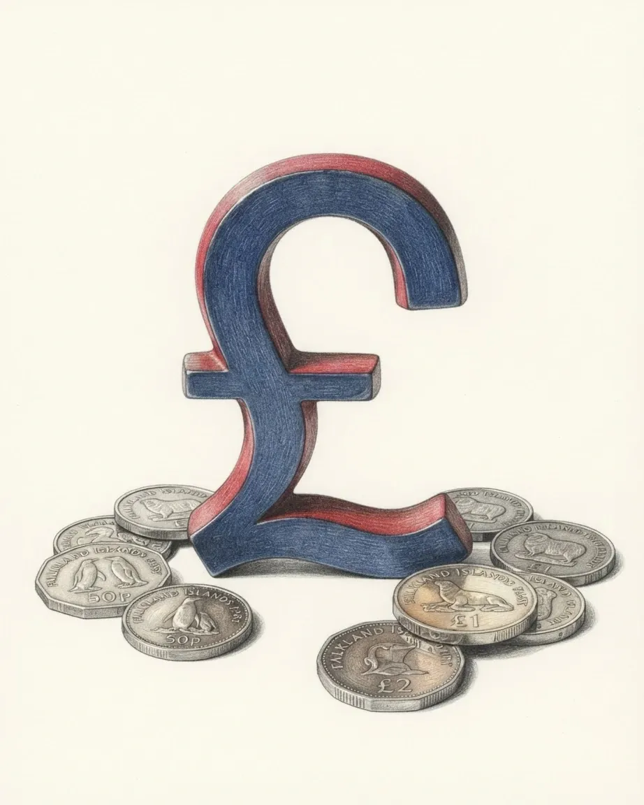A pencil drawing of the sign £ as a solid coloured object, standing among coins of the Falkland Islands pound.