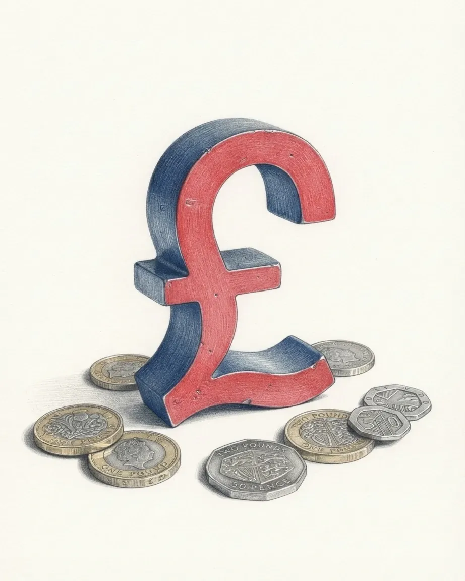A pencil drawing of the sign £ as a solid coloured object, standing among coins of the British pound.