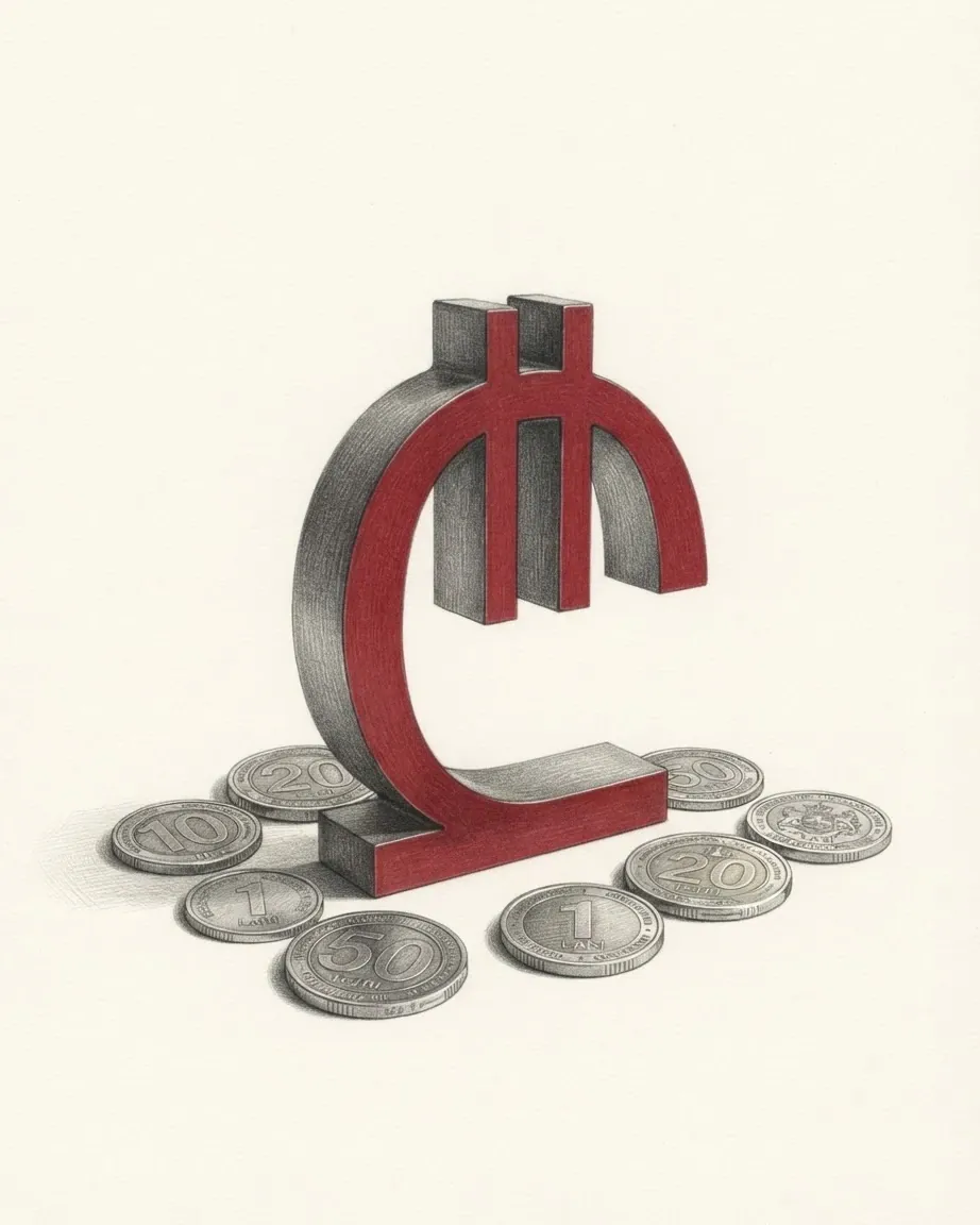 A pencil drawing of the sign ₾ as a solid coloured object, standing among coins of the Georgian lari.