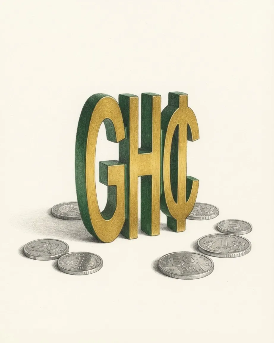 A pencil drawing of the sign GH₵ as a solid coloured object, standing among coins of the Ghanaian cedi.