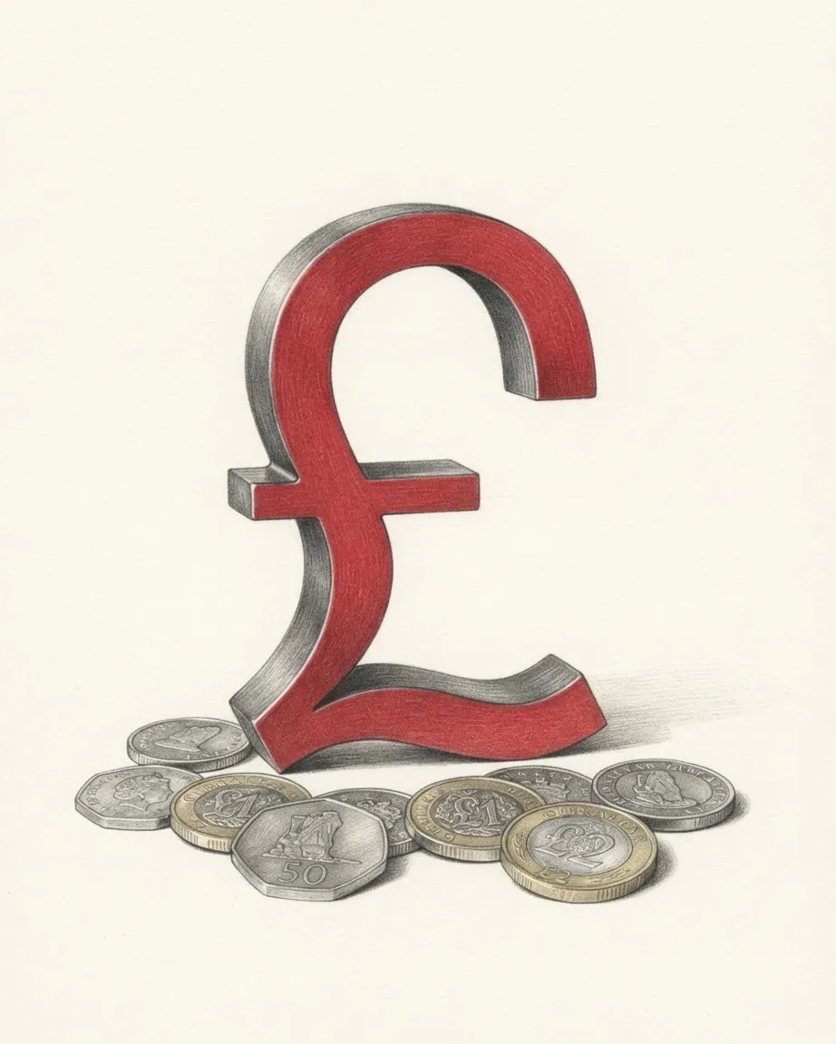 A pencil drawing of the sign £ as a solid coloured object, standing among coins of the Gibraltar pound.