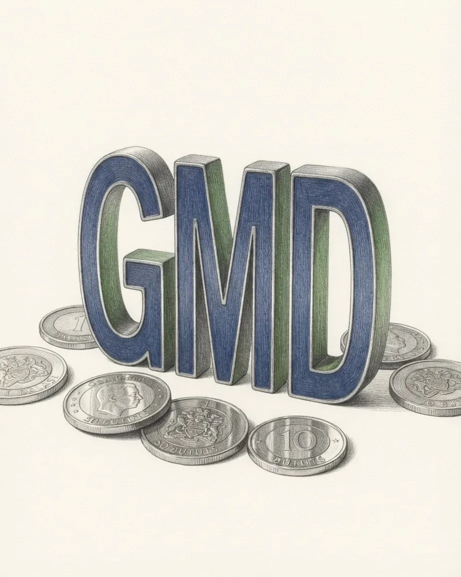 A pencil drawing of the letters GMD as a solid coloured object, standing among coins of the Gambian dalasi.