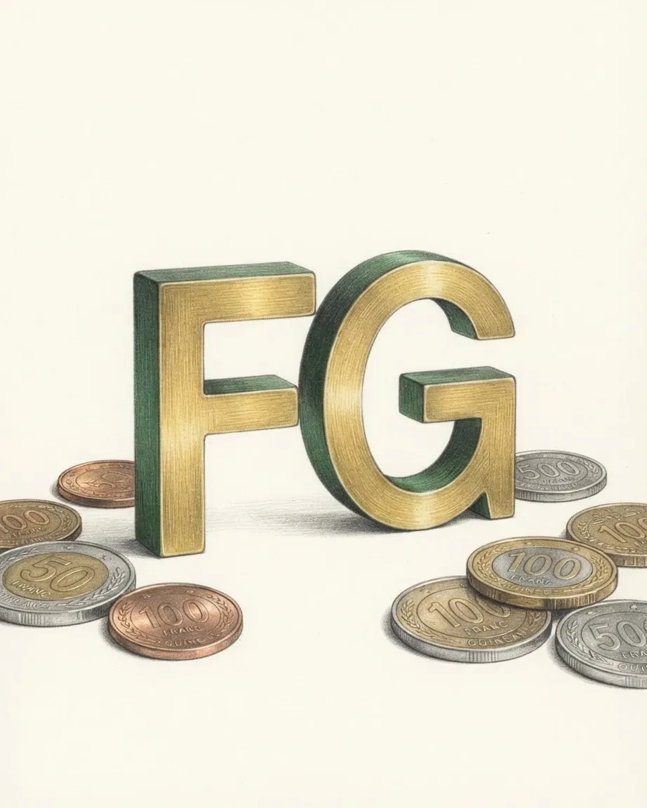 A pencil drawing of the sign FG as a solid coloured object, standing among coins of the Guinean franc.