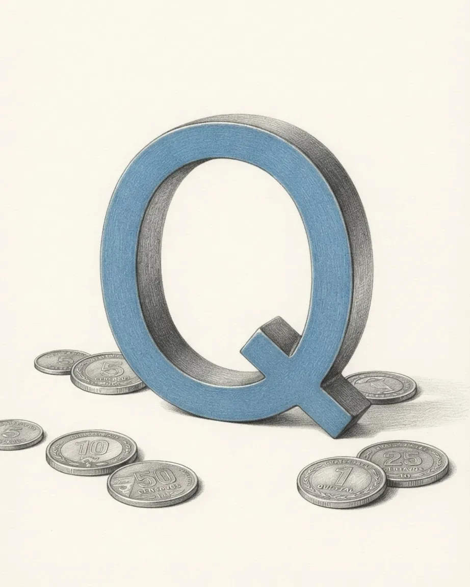 A pencil drawing of the sign Q as a solid coloured object, standing among coins of the Guatemalan quetzal.