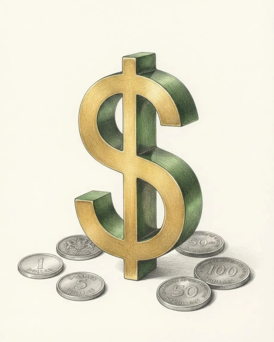 A pencil drawing of the sign $ as a solid coloured object, standing among coins of the Guyanaese dollar.