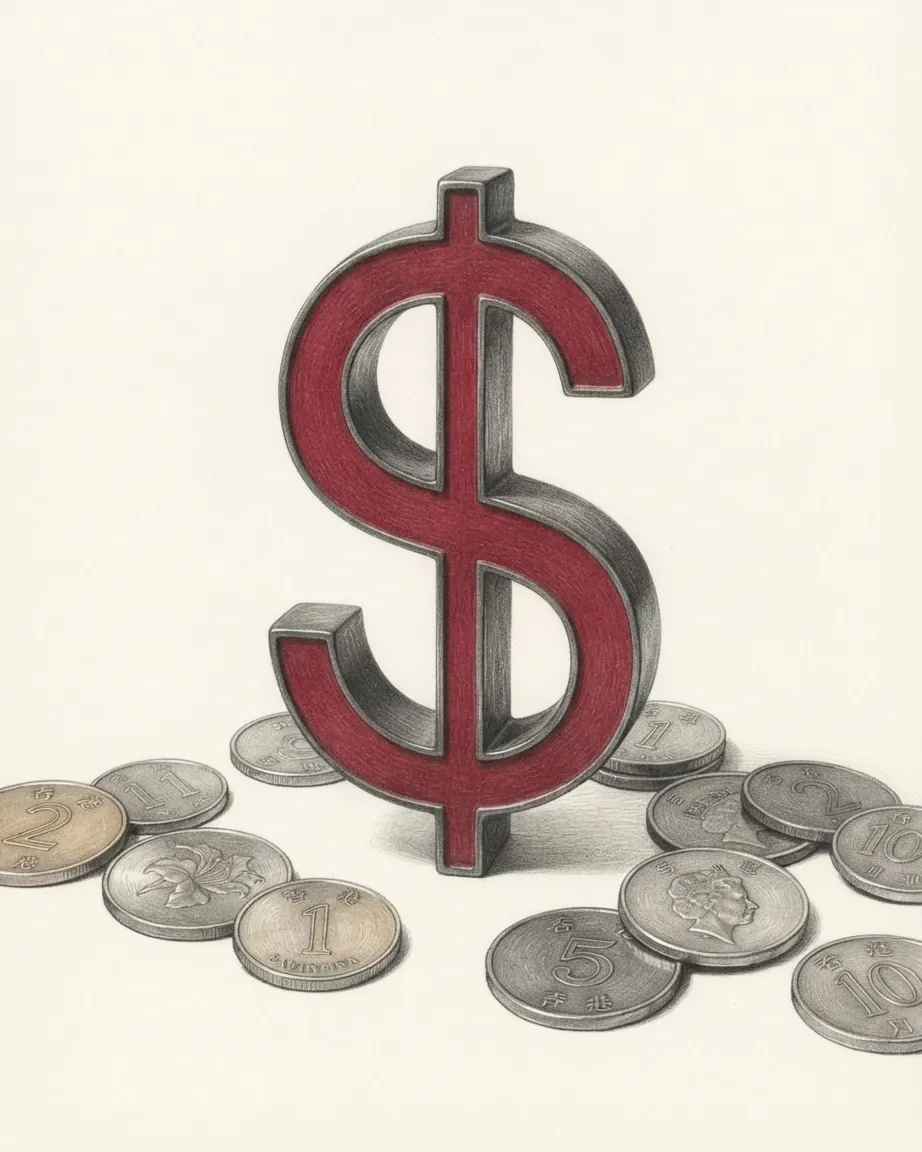 A pencil drawing of the sign $ as a solid coloured object, standing among coins of the Hong Kong dollar.