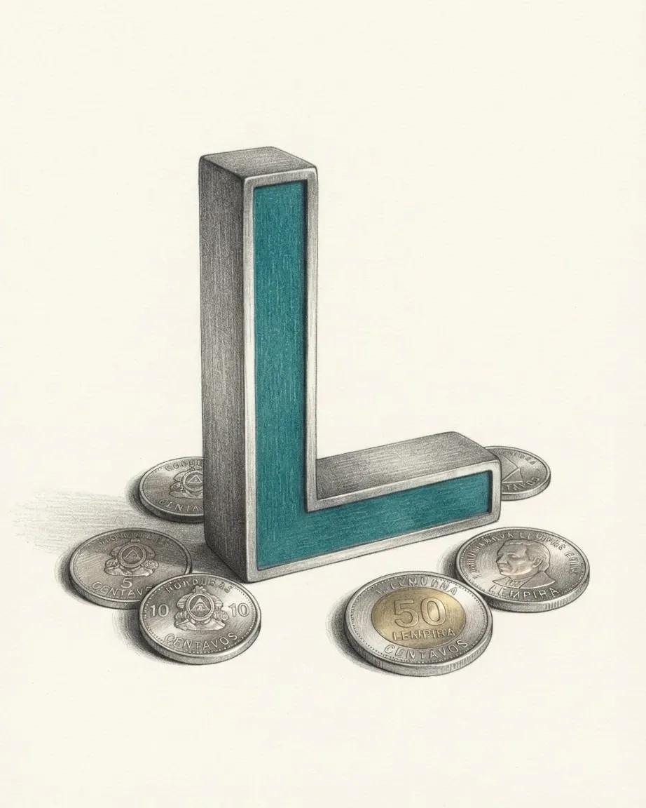 A pencil drawing of the sign L as a solid coloured object, standing among coins of the Honduran lempira.