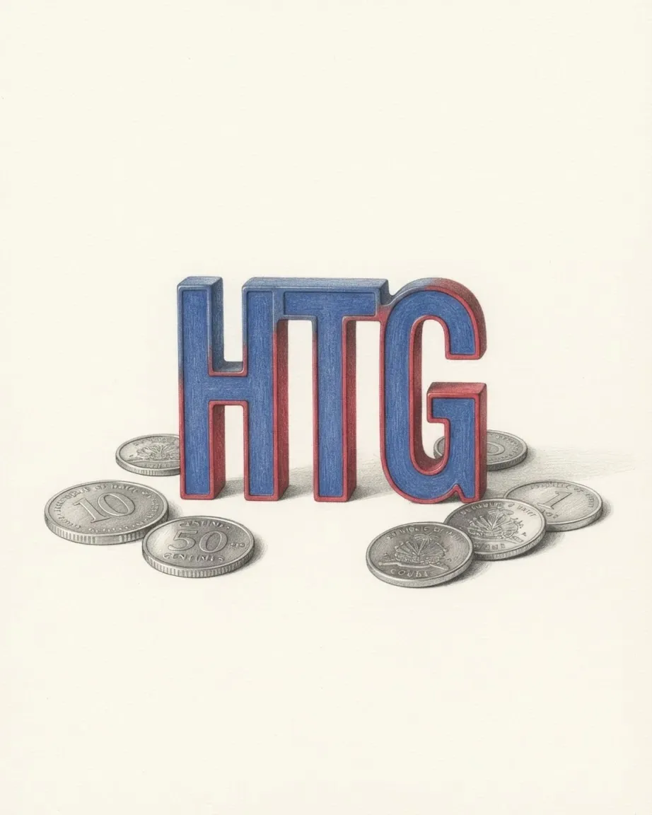 A pencil drawing of the letters HTG as a solid coloured object, standing among coins of the Haitian gourde.