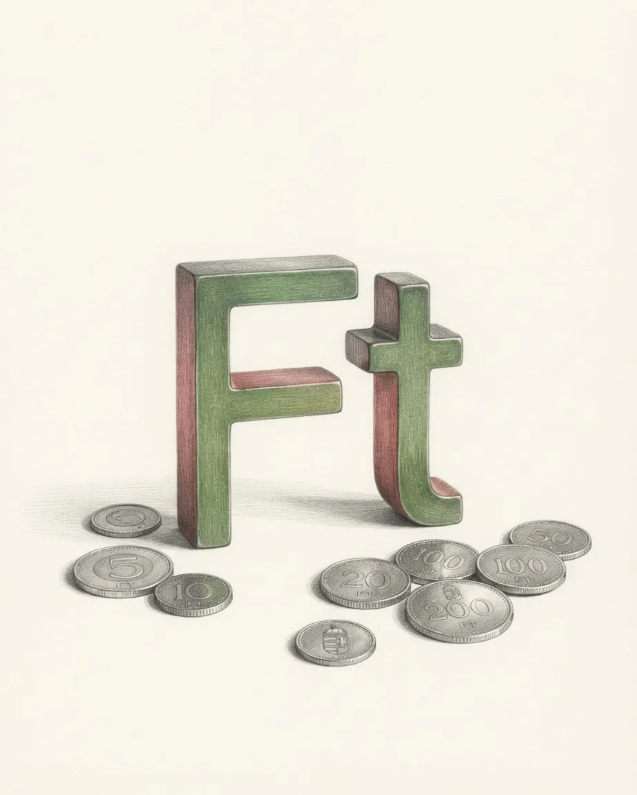 A pencil drawing of the sign Ft as a solid coloured object, standing among coins of the Hungarian forint.