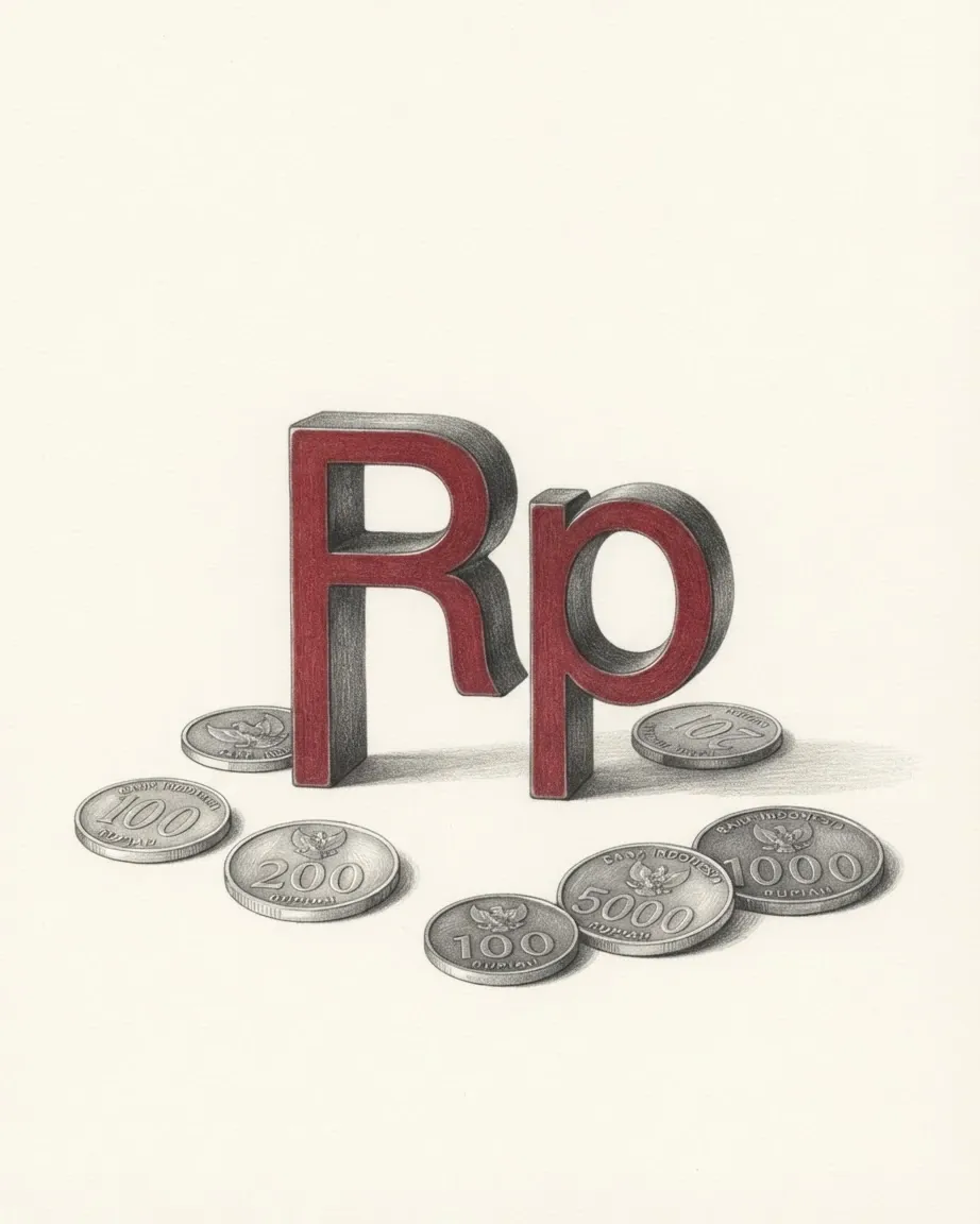 A pencil drawing of the sign Rp as a solid coloured object, standing among coins of the Indonesian rupiah.