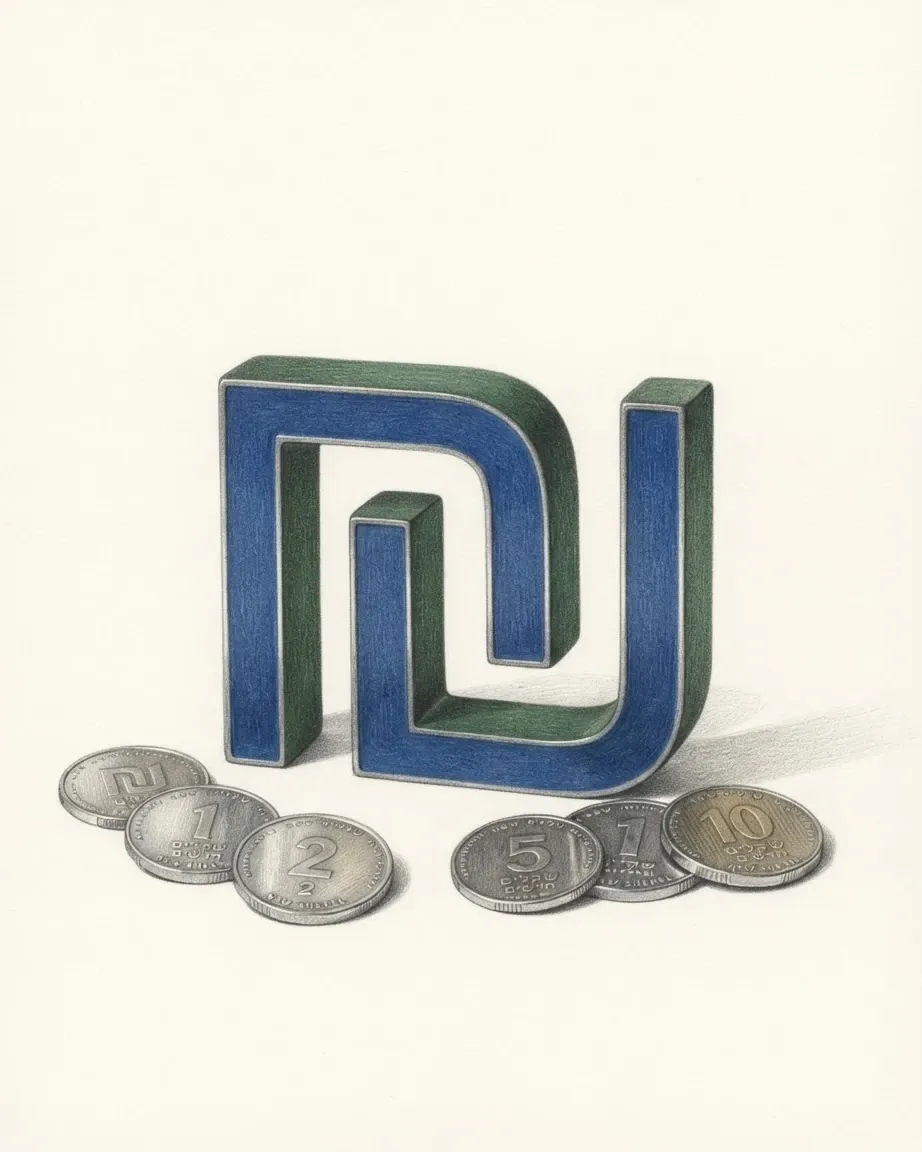 A pencil drawing of the sign ₪ as a solid coloured object, standing among coins of the Israeli New shekel.