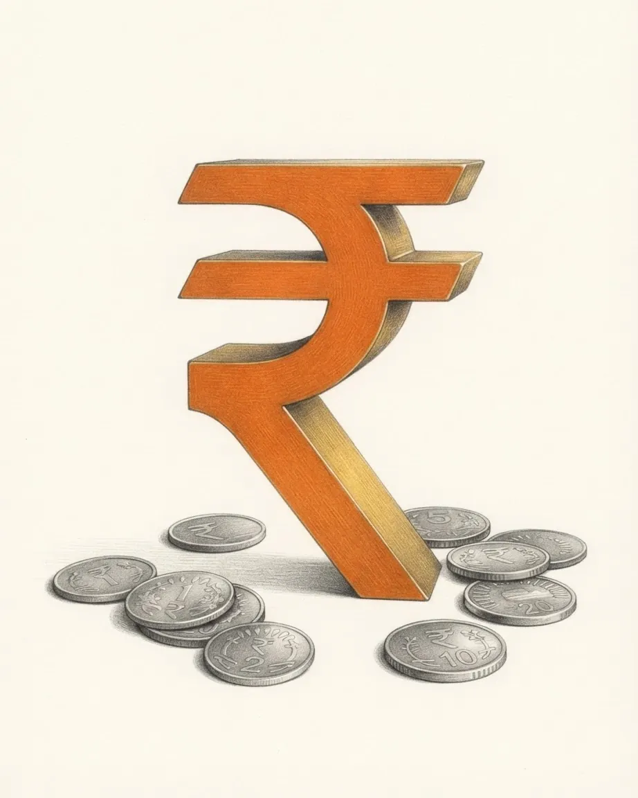 A pencil drawing of the sign ₹ as a solid coloured object, standing among coins of the Indian rupee.