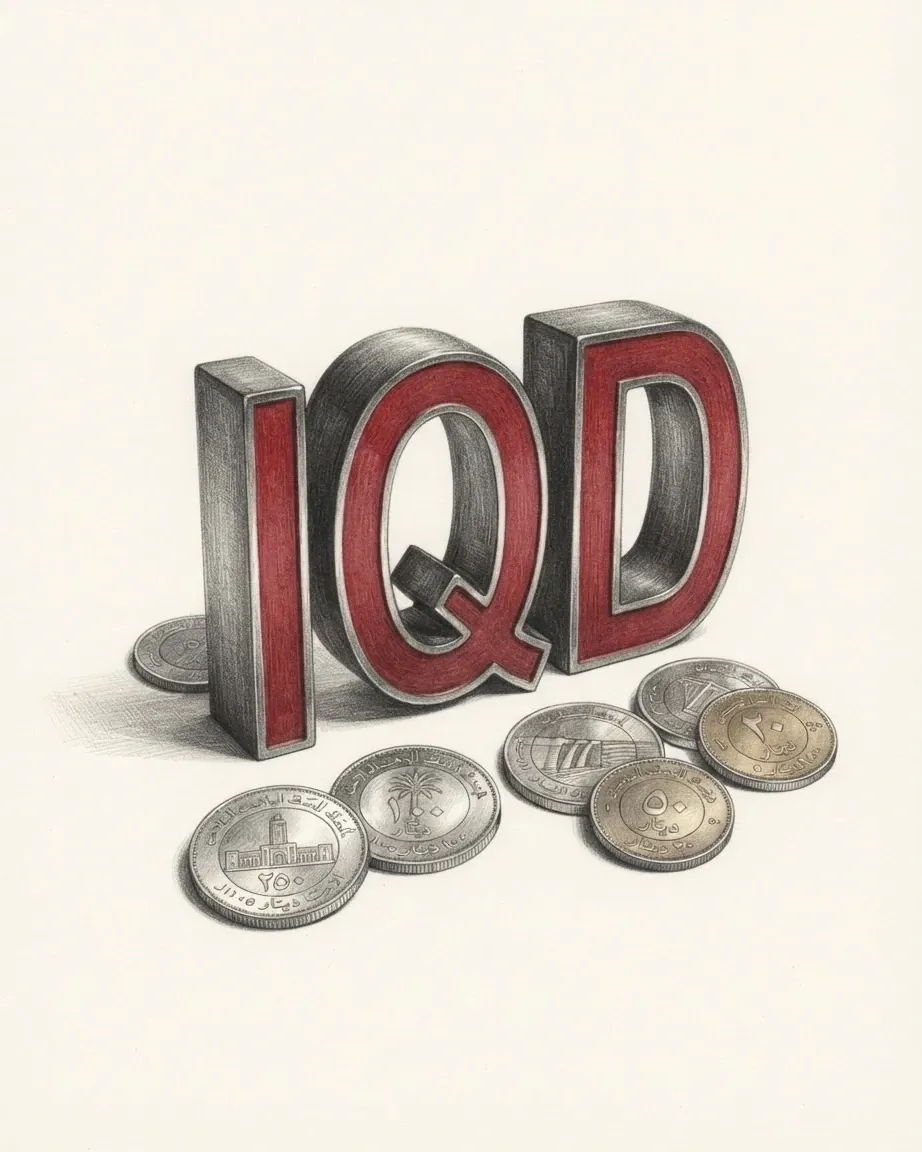 A pencil drawing of the letters IQD as a solid coloured object, standing among coins of the Iraqi dinar.