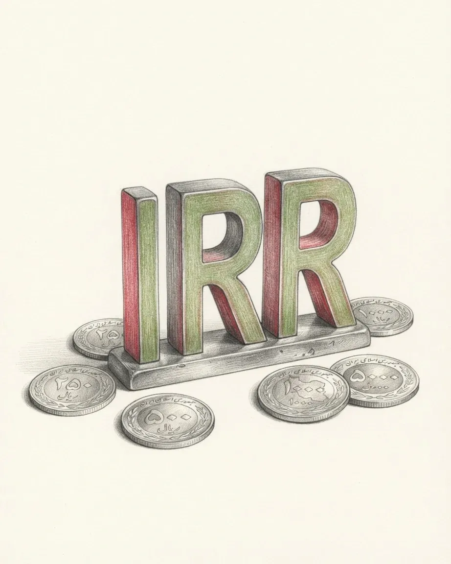 A pencil drawing of the letters IRR as a solid coloured object, standing among coins of the Iranian rial.