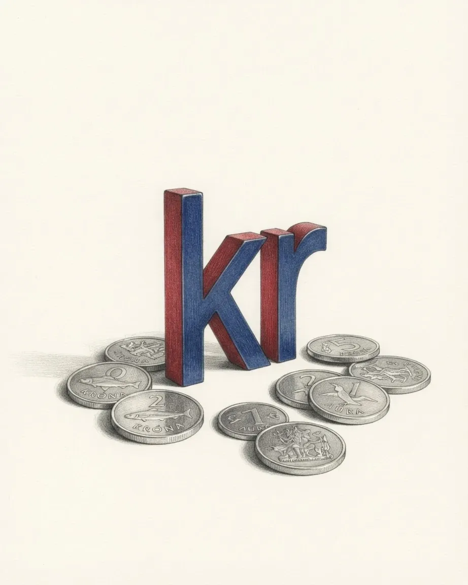 A pencil drawing of the sign kr as a solid coloured object, standing among coins of the Icelandic króna.