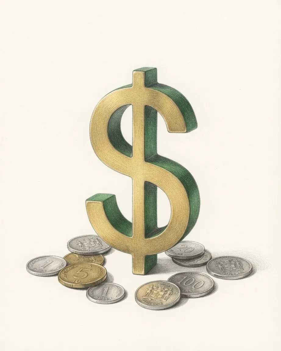 A pencil drawing of the sign $ as a solid coloured object, standing among coins of the Jamaican dollar.