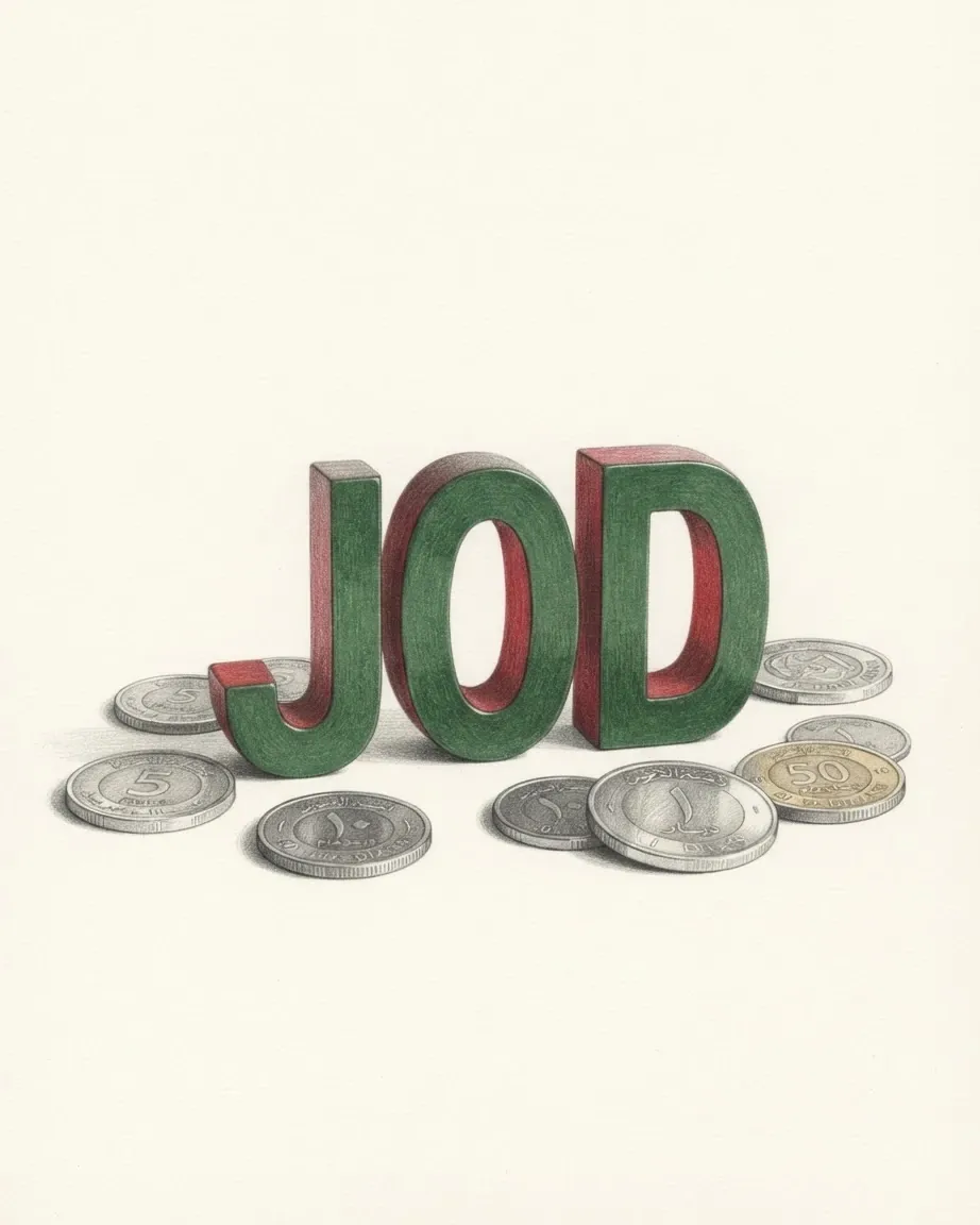 A pencil drawing of the letters JOD as a solid coloured object, standing among coins of the Jordanian dinar.