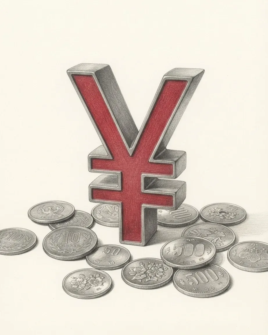 A pencil drawing of the sign ¥ as a solid coloured object, standing among coins of the Japanese yen.