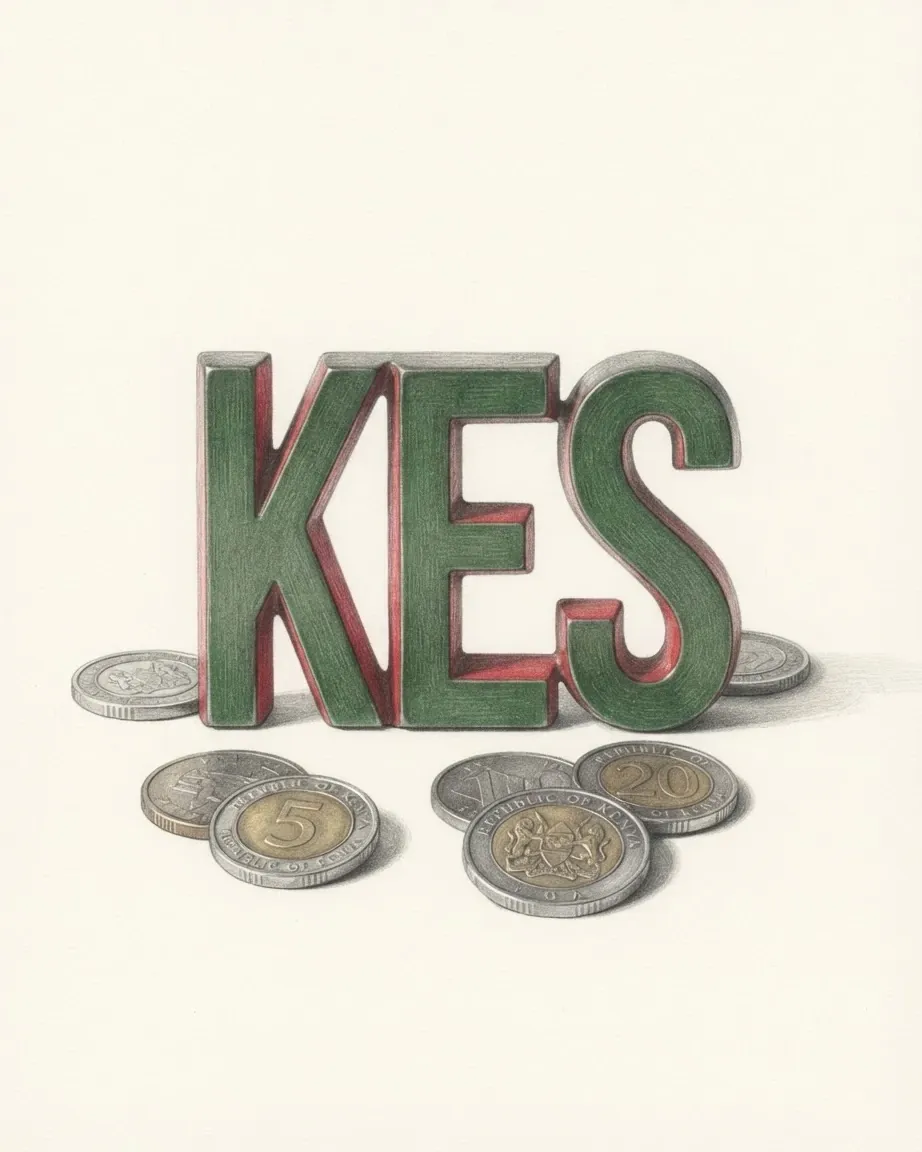 A pencil drawing of the letters KES as a solid coloured object, standing among coins of the Kenyan shilling.