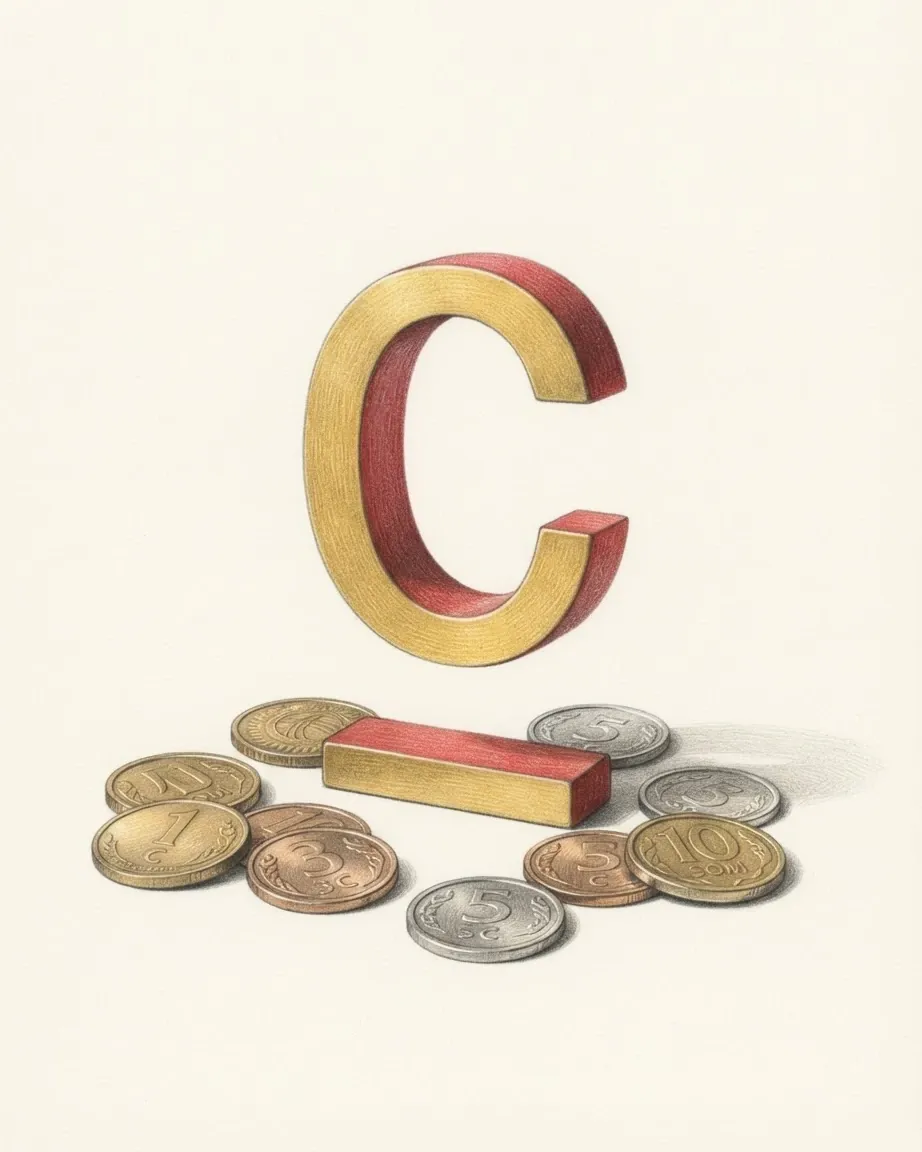 A pencil drawing of the som sign, an underlined capital С, as a solid coloured object, standing among coins of the Kyrgystani som.
