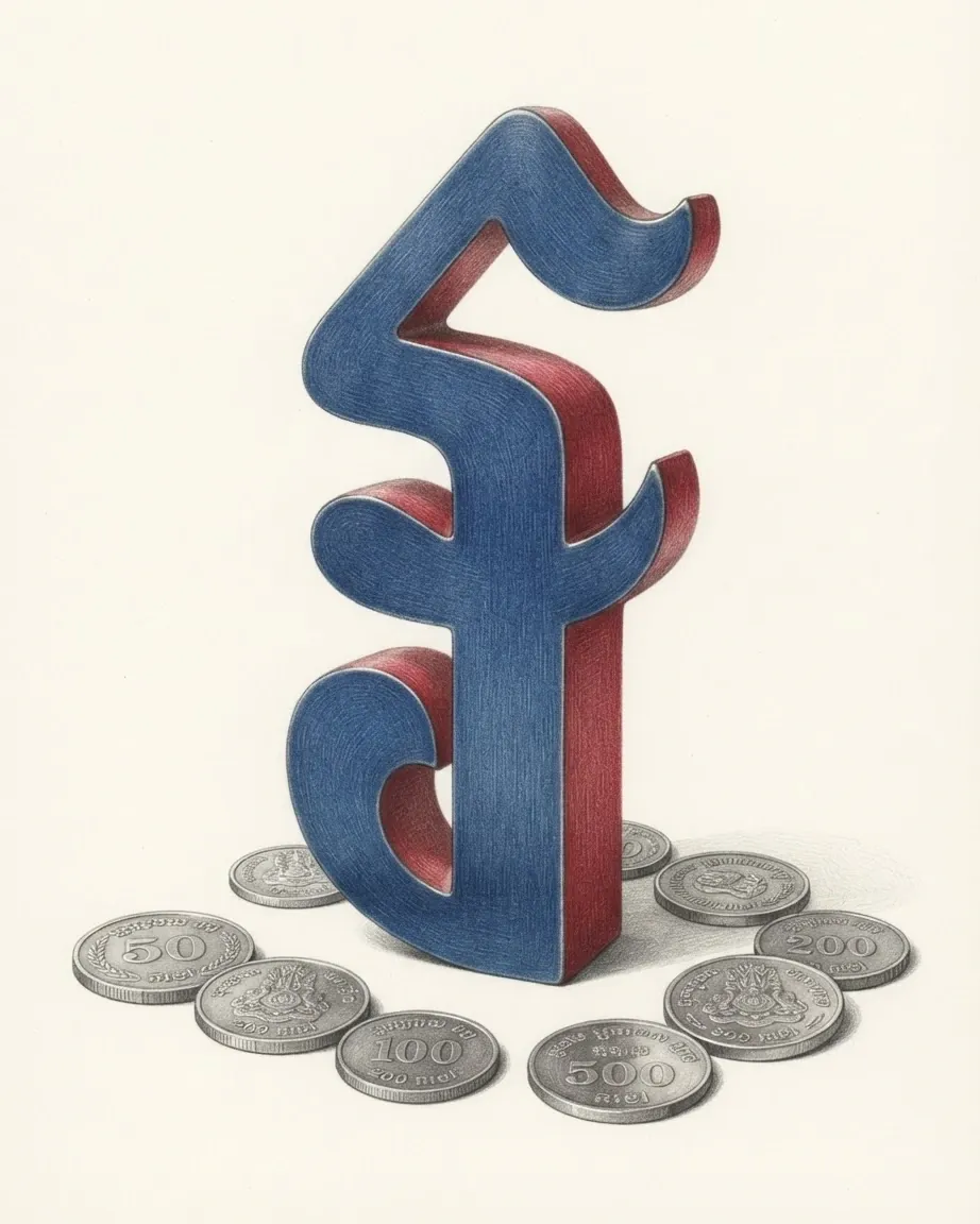 A pencil drawing of the sign ៛ as a solid coloured object, standing among coins of the Cambodian riel.