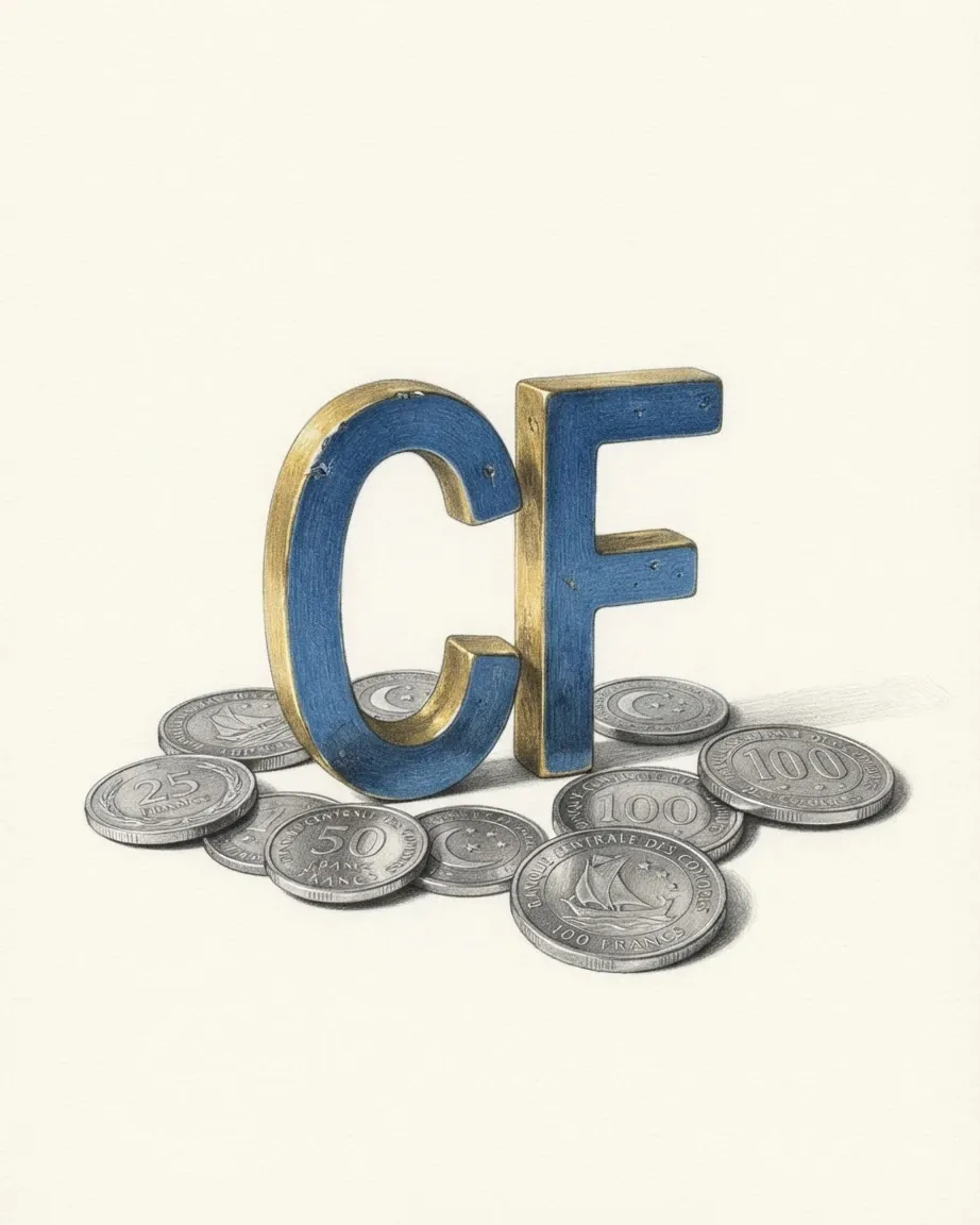 A pencil drawing of the sign CF as a solid coloured object, standing among coins of the Comorian franc.