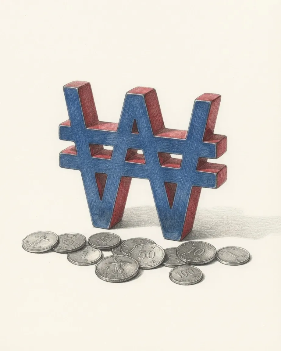 A pencil drawing of the sign ₩ as a solid coloured object, standing among coins of the North Korean won.