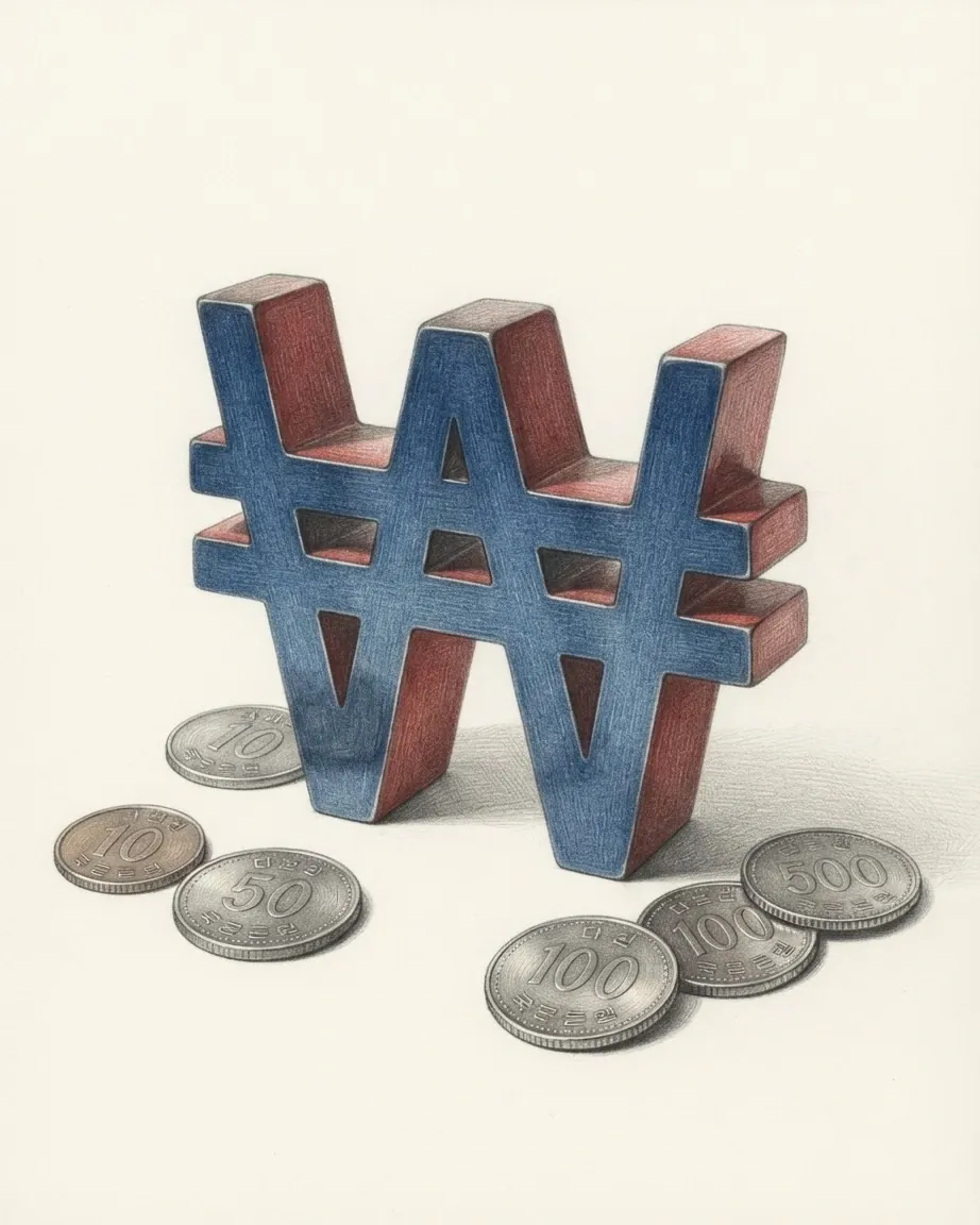 A pencil drawing of the sign ₩ as a solid coloured object, standing among coins of the South Korean won.