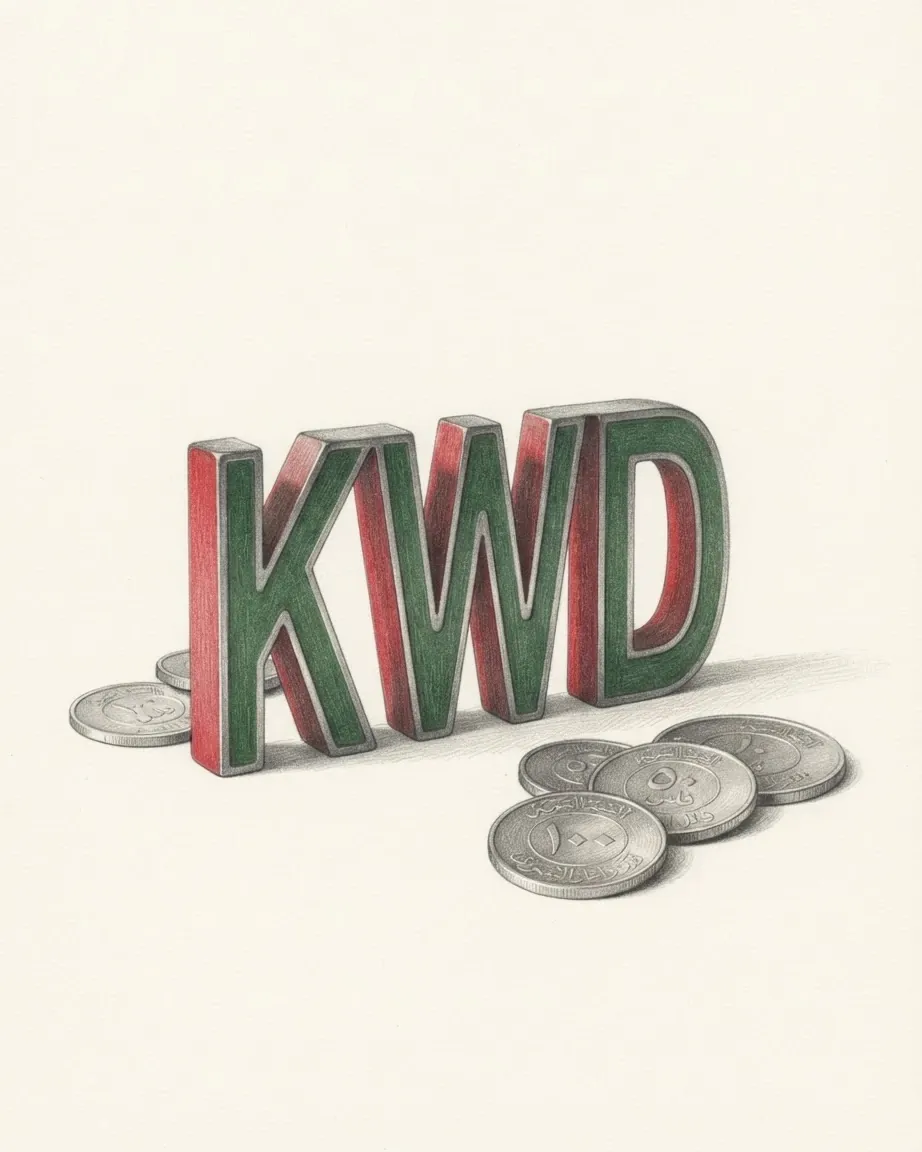 A pencil drawing of the letters KWD as a solid coloured object, standing among coins of the Kuwaiti dinar.