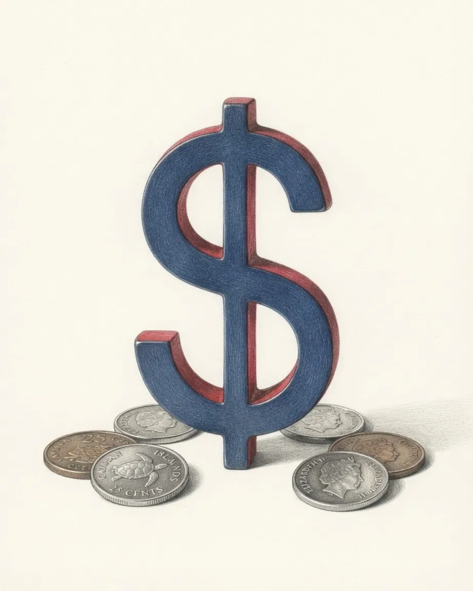 A pencil drawing of the sign $ as a solid coloured object, standing among coins of the Cayman Islands dollar.