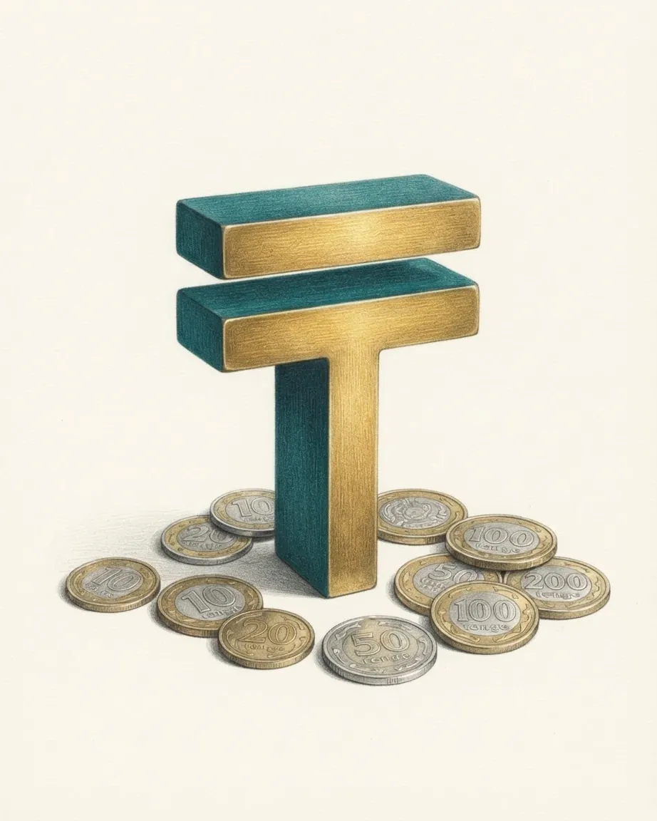 A pencil drawing of the sign ₸ as a solid coloured object, standing among coins of the Kazakhstani tenge.