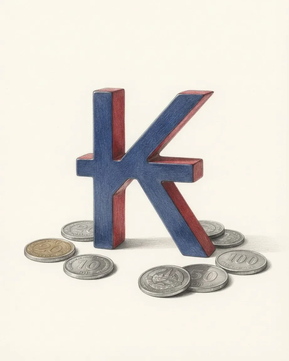 A pencil drawing of the sign ₭ as a solid coloured object, standing among coins of the Laotian kip.
