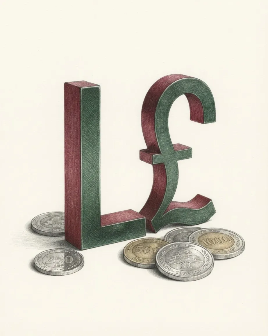A pencil drawing of the sign L£ as a solid coloured object, standing among coins of the Lebanese pound.