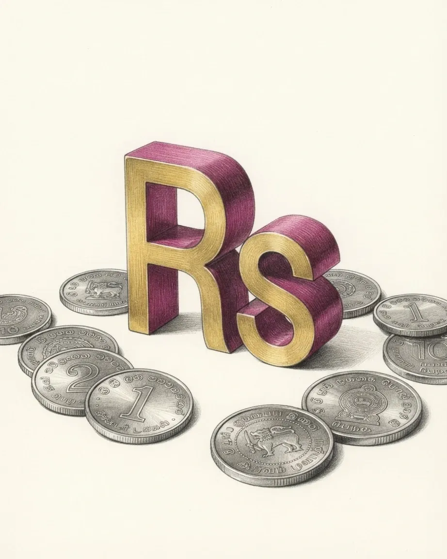 A pencil drawing of the sign Rs as a solid coloured object, standing among coins of the Sri Lankan rupee.