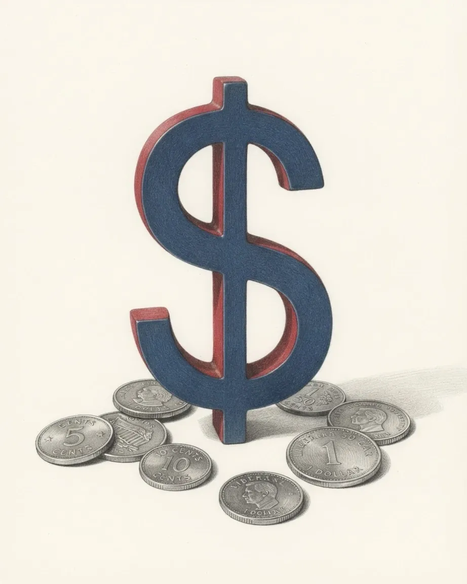 A pencil drawing of the sign $ as a solid coloured object, standing among coins of the Liberian dollar.